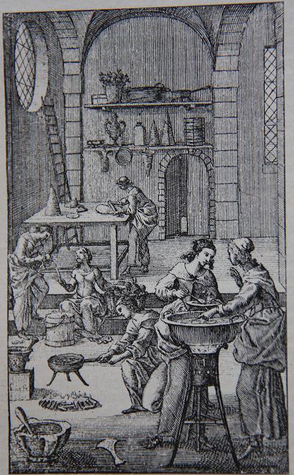 Grafika przedstawia wnętrze kuchni na pierwszym planie dwie kobiety przy stojaku na którym umieszczony jest duże garnek. We wnętrzu jedna z nich smażona w realu coś tam wyżej stół i kobieta wałkuje ciasta na ścianie w której znajdują się drzwi wejściowe są półki Ale ich ustawione różne przedmioty. 