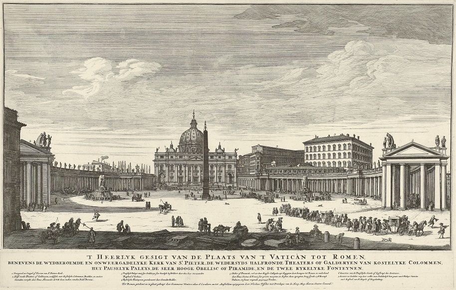 Grafika przedstawia widok na plac św. Piotra i bazylikę w Rzymie. Na pierwszym planie ludzie oraz powozy z końmi. Szczegóły architektury, poszczególne detale oddane są bardzo dokładnie.  
