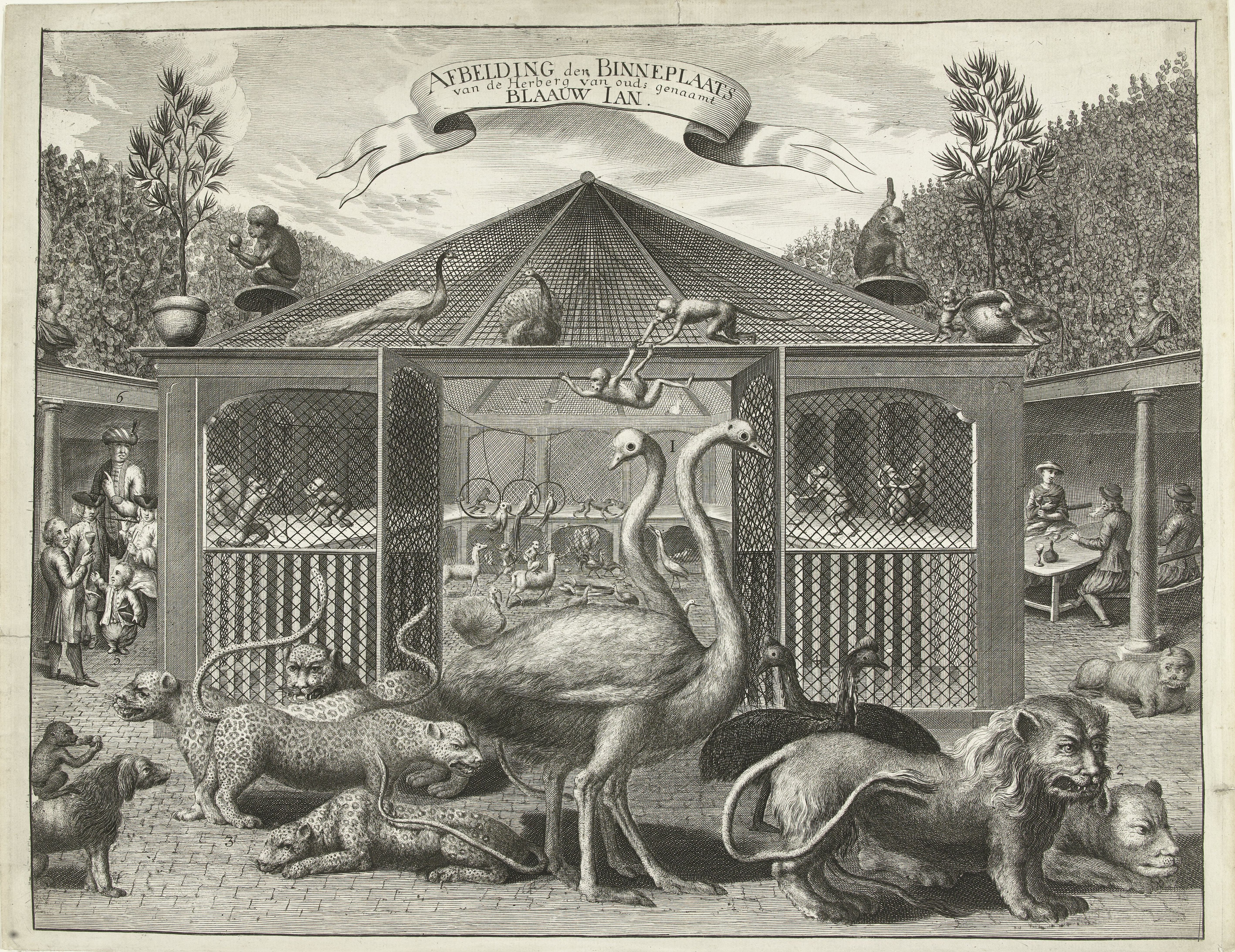 Grafika przedstawia altanę w której zgromadzone są zwierzęta. Przed drzwiami altany stoją dwa strusie, spacerują lamparty i lew. Z boku patrzą na nich ludzie. Jest to menażeria, gdzie dzikie zwierzęta zgromadzone w celu pokazywania ich publiczności. 