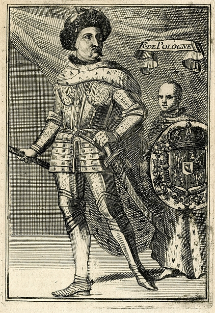 Grafika lub rysunek. Przedstawia dwóch mężczyzn. Pierwszy, stojący na przodzie - w zbroi, płaszczu i czapce z futrem na głowie. Drugi za nim, niższy trzyma w rękach tarczę na której widniej herb. Nad nim napis na szarfie DE.POLOGNE.