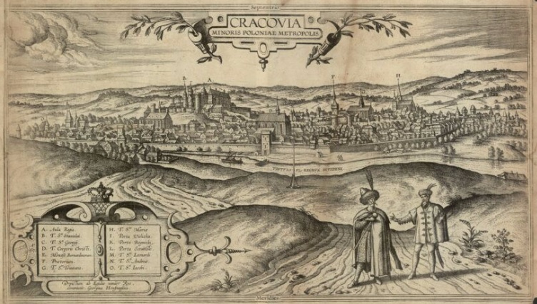 Rycina przedstawia pejzaż. Na pierwszym planie, po prawej stronie stoi dwóch mężczyzn w strojach historycznych. Za nimi rozciąga się dolina i horyzontalny widok na stare miasto. Nad miastem napis: CRACOVIA. Jest to widok Krakowa - rycina Jorisa Hoefnagela.