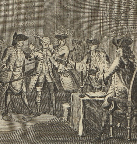 Fragment ryciny. Przedstawia scenę we wnętrzu pałacowym. Widzimy mężczyzn ubranych w stroje historyczne, debatujących, z szablami w dłoniach. Po prawej stronie stół i krzesło.