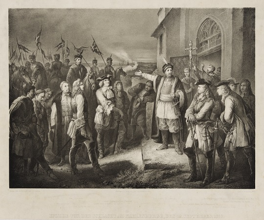 Grafika ze sceną zbiorową. Przy wejściu do pałacu zgromadzeni są żołnierze. Na pierwszym planie mężczyzna ubrany w strój historyczny, gestem ręki wskazuje na żołnierzy na koniach. Na przodzie sceny stoją mężczyźni ubrani w eleganckie stroje. Jest to grafika pt. Sobieski na Kahlenbergu.