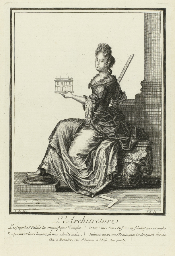 Rycina przedstawia kobietę siedzącą na kapitelu, przy kolumnie, która znajduje się z prawej strony. Kobieta w dekoracyjnej sukni, jedną nogę opiera ma bazie kolumny, która znajduje się na posadzce. W ręce trzyma mały model architektoniczny. Jest to personifikacja Architektury, rycina Nicolasa Bonnarta. 