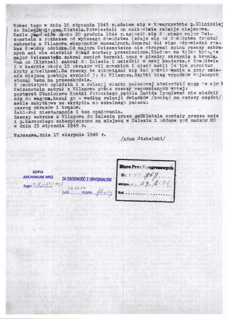 Notatka napisana na maszynie dotycząca wywozu zbiorów wilanowskich w czasie II Wojny Światowej