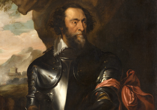 Portret mężczyzny z brodą w zbroi spoglądającego w prawą stronę.