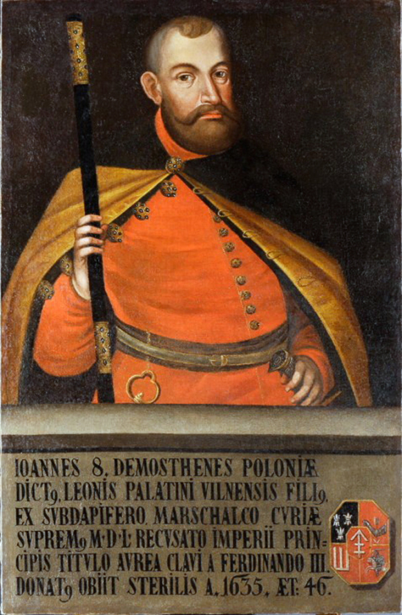 Obraz przedstawia brodatego mężczyznę z podgoloną czupryną, w czerwonym kontuszu ze złotymi guzikami, przepasanym złotym pasem i narzuconym nań płaszczem, z długą laską w dłoni. Postać ukazana w trzech czwartych,  u dołu obrazu biegnie napis i herb Sapiehów